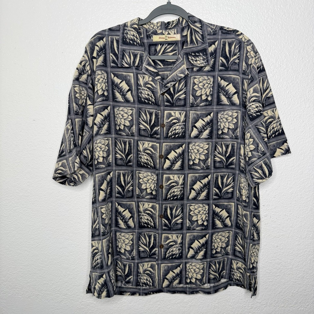 Tommy Bahama Mens Large Silk Camp Shirt Gray Pineapple Tropical Button Down L